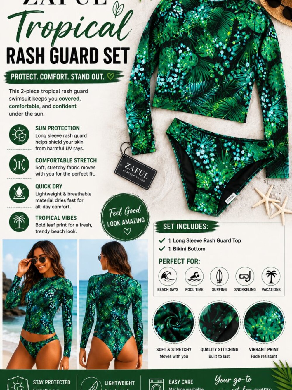 ZAFUL Tropical Leaf Print Rash Guard Bikini Set NWT Long Sleeve 2-Piece Swimsuit